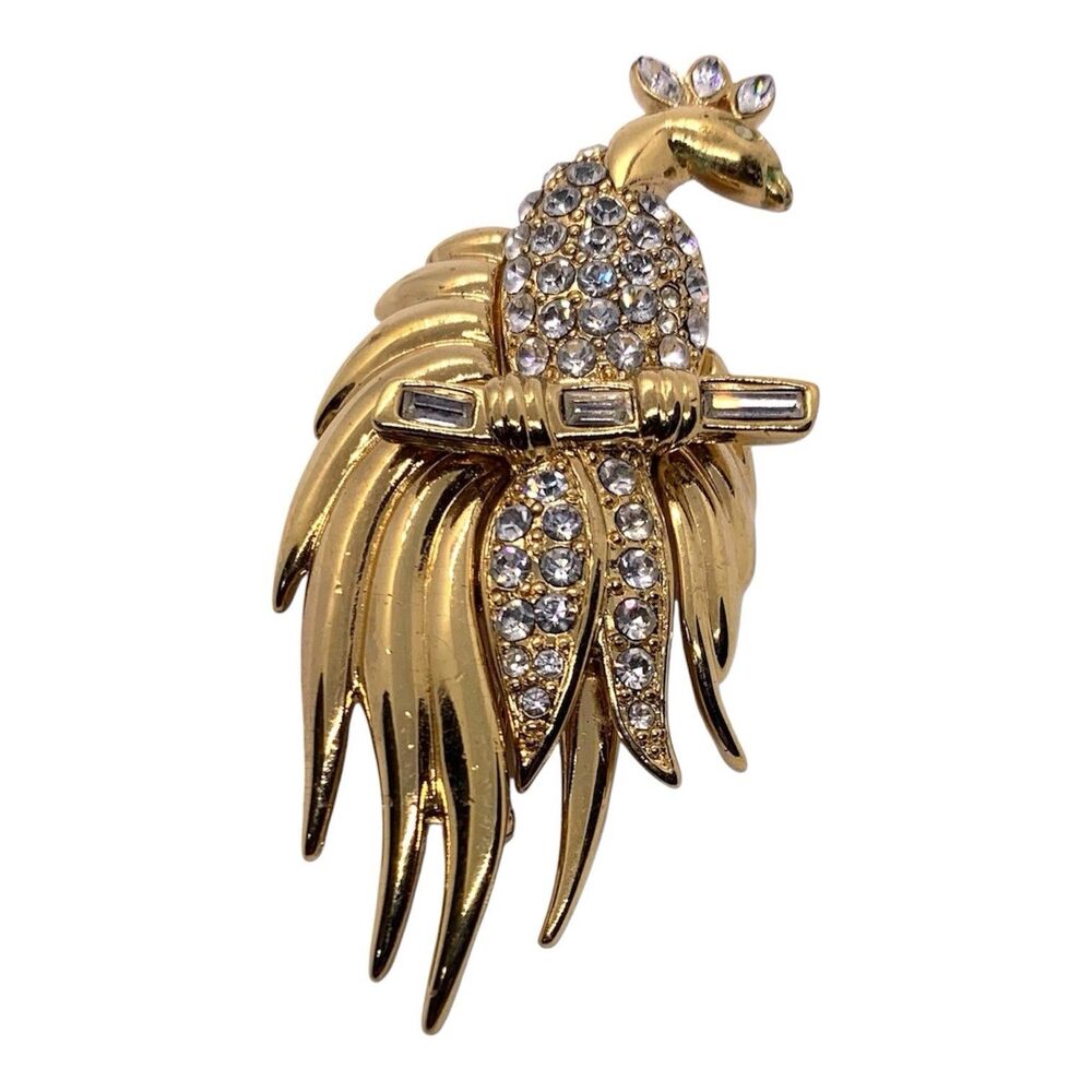 Monet Gold Tone Clear Rhinestone Bird Of Paradise Brooch Pin 2.75"